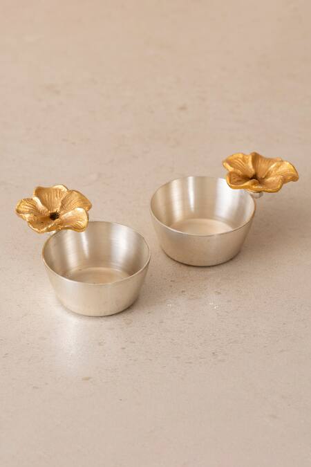 Shop_The Decor Remedy_Silver Pure Brass Blossom Pooja Thali Of 5 _Online_at_Aza_Fashions