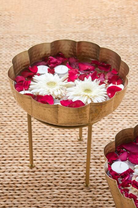 The Decor Remedy_Gold Brass And Iron Uruli With Stand - Set Of 2_Online_at_Aza_Fashions