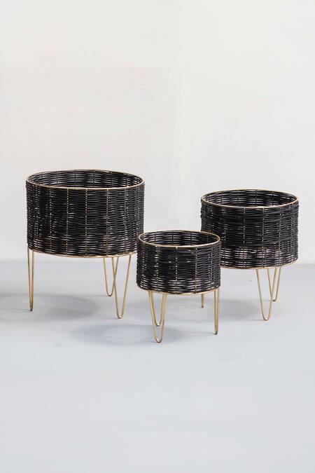Shop_The Decor Remedy_Black Iron Theos Cane Planters Set Of 3_at_Aza_Fashions