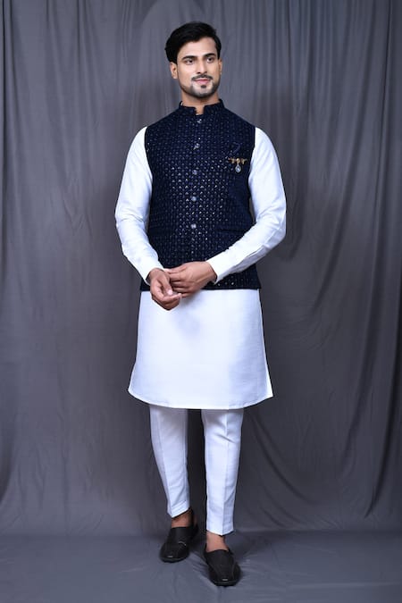 Aryavir Malhotra Blue Satin Silk Embroidered Thread Nehru Jacket And Kurta Set 