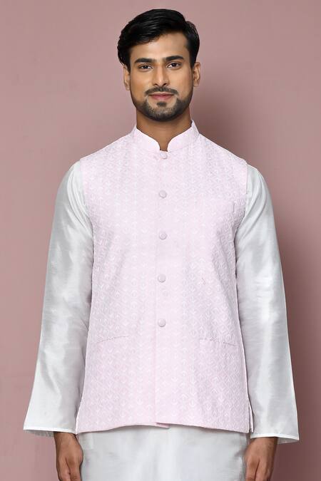 Arihant Rai Sinha_Pink Bundi Silk Embroidered Thread Sleeveless Pyjama Set _Online_at_Aza_Fashions