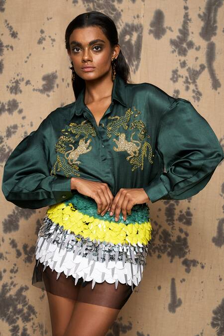 Rara Avis Green Linen Satin Embroidered Shirt Collar Dancing Leopard