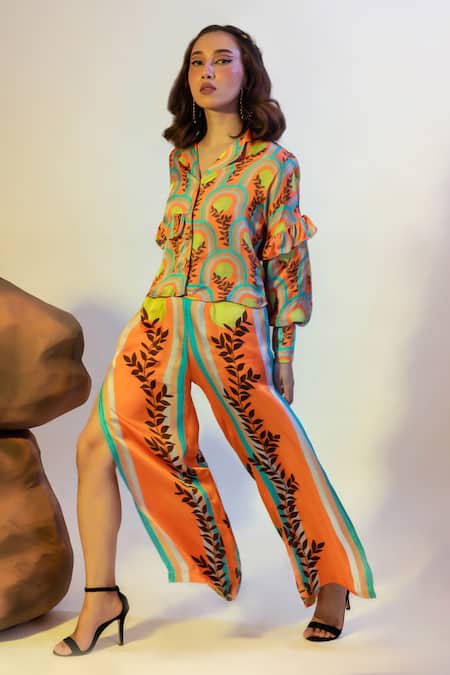 Buy_That Thing You Love_Multi Color Satin Collared Abstract Print Shirt And Slit Pant Set _Online_at_Aza_Fashions