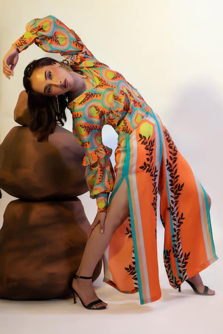 Shop_That Thing You Love_Multi Color Satin Collared Abstract Print Shirt And Slit Pant Set _Online_at_Aza_Fashions