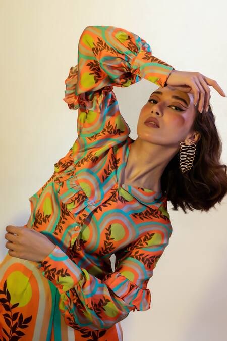 That Thing You Love_Multi Color Satin Collared Abstract Print Shirt And Slit Pant Set _at_Aza_Fashions