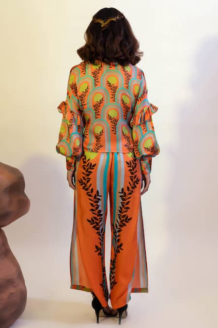 Shop_That Thing You Love_Multi Color Satin Printed Abstract Slit Pant _at_Aza_Fashions