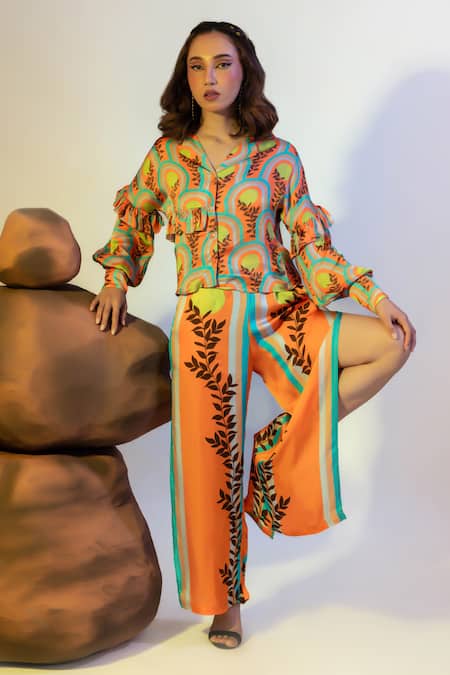 Buy_That Thing You Love_Multi Color Satin Printed Abstract Slit Pant _Online_at_Aza_Fashions
