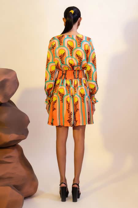 Shop That Thing You Love Multi Color Satin, Cotton V-neck Abstract Print Smocked Dress at Aza Fashions Shop_That Thing You Love_Multi Color Satin, Cotton V-neck Abstract Print Smocked Dress _at_Aza_Fashions
