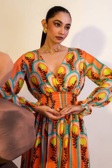 That Thing You Love Multi Color Satin, Cotton V-neck Abstract Print Smocked Dress Online at Aza Fashions That Thing You Love_Multi Color Satin, Cotton V-neck Abstract Print Smocked Dress _Online_at_Aza_Fashions