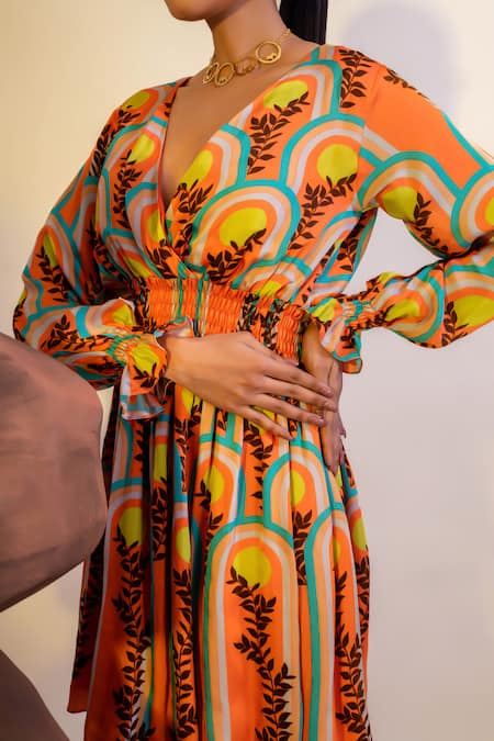 Buy That Thing You Love Multi Color Satin, Cotton V-neck Abstract Print Smocked Dress Online at Aza Fashions Buy_That Thing You Love_Multi Color Satin, Cotton V-neck Abstract Print Smocked Dress _Online_at_Aza_Fashions