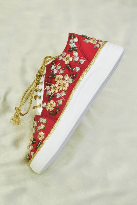 Around Always_Red Indus Embroidered Sneakers_Online_at_Aza_Fashions