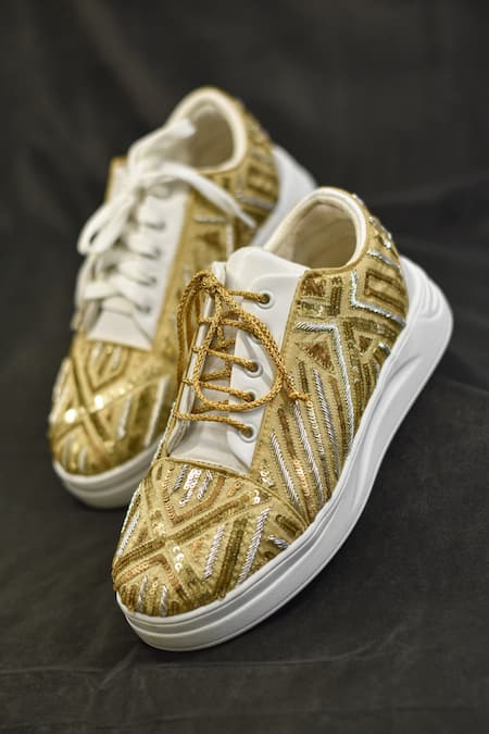 Shop Around Always Gold Pharaoh Blingy Zardozi Embroidered Sneakers at Aza Fashions Shop_Around Always_Gold Pharaoh Blingy Zardozi Embroidered Sneakers _at_Aza_Fashions