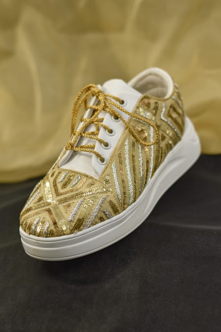 Around Always Gold Pharaoh Blingy Zardozi Embroidered Sneakers Online at Aza Fashions Around Always_Gold Pharaoh Blingy Zardozi Embroidered Sneakers _Online_at_Aza_Fashions