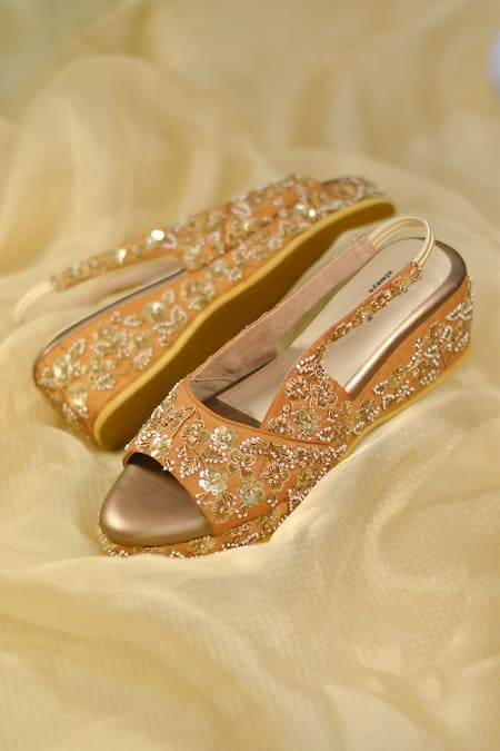 Around Always_Yellow Embroidery Zubeida Zardozi Wedges _Online_at_Aza_Fashions