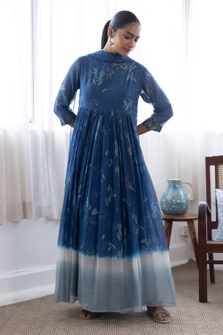 Vaayu_Blue Cotton, Muslin Embroidery, Abstract Floral Print Anarkali With Dupatta_Online_at_Aza_Fashions