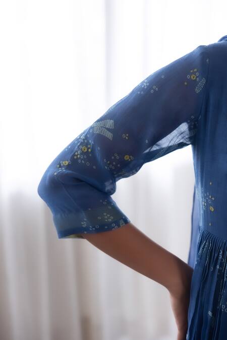 Shop_Vaayu_Blue Cotton, Muslin Embroidery, Abstract Floral Print Anarkali With Dupatta_Online_at_Aza_Fashions