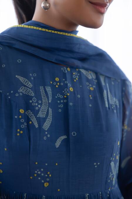 Vaayu_Blue Cotton, Muslin Embroidery, Abstract Floral Print Anarkali With Dupatta_at_Aza_Fashions