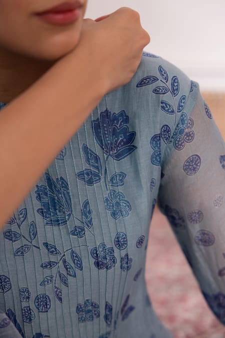 Shop_Vaayu_Blue Cotton, Muslin Embroidery Round Neck Floral Print Kurta And Pant Set_Online_at_Aza_Fashions