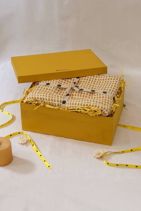 Shop House This Yellow 100% Cotton Embroidery Girnar Throw Gift Box at Aza Fashions Shop_House This_Yellow 100% Cotton Embroidery Girnar Throw Gift Box_at_Aza_Fashions