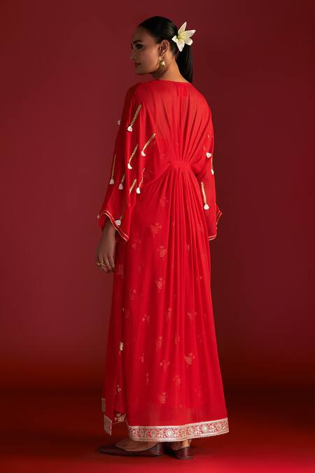 Shop_Masaba_Red Georgette, Crepe Tassels, Gota Patti Square Paan Motif Embroidered Kaftan_at_Aza_Fashions