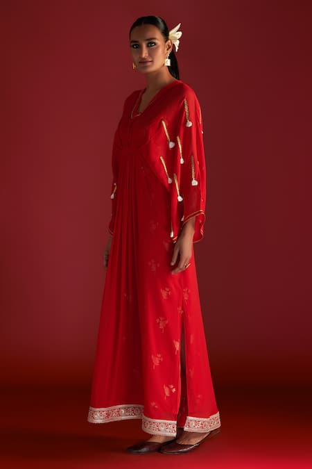 Buy_Masaba_Red Georgette, Crepe Tassels, Gota Patti Square Paan Motif Embroidered Kaftan_Online_at_Aza_Fashions