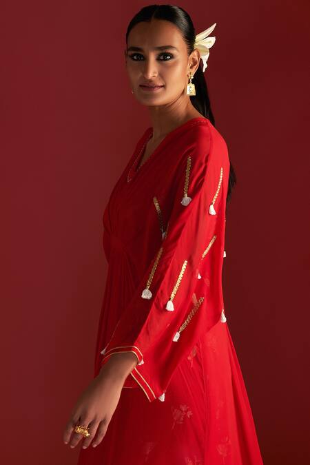 Shop_Masaba_Red Georgette, Crepe Tassels, Gota Patti Square Paan Motif Embroidered Kaftan_Online_at_Aza_Fashions