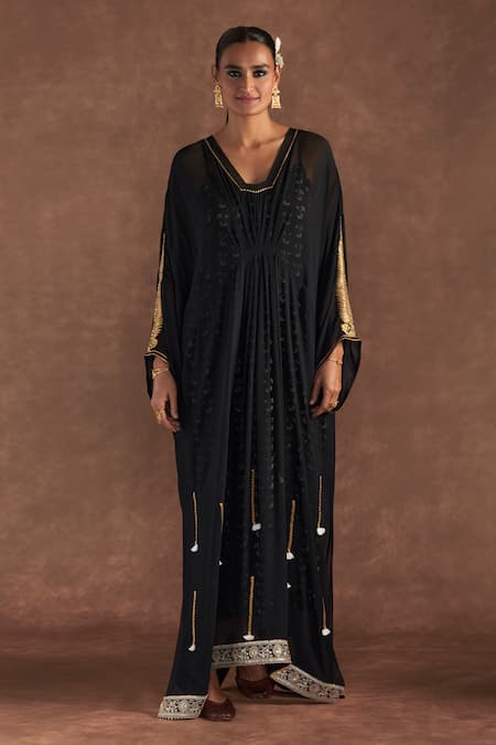 Masaba_Black Georgette, Crepe Gota Patti, Embroidery Square Neck Paan Pattern Kaftan_Online_at_Aza_Fashions
