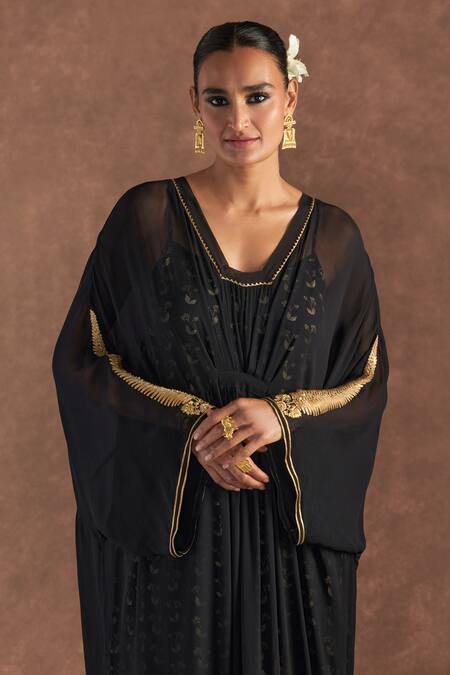 Shop_Masaba_Black Georgette, Crepe Gota Patti, Embroidery Square Neck Paan Pattern Kaftan_Online_at_Aza_Fashions