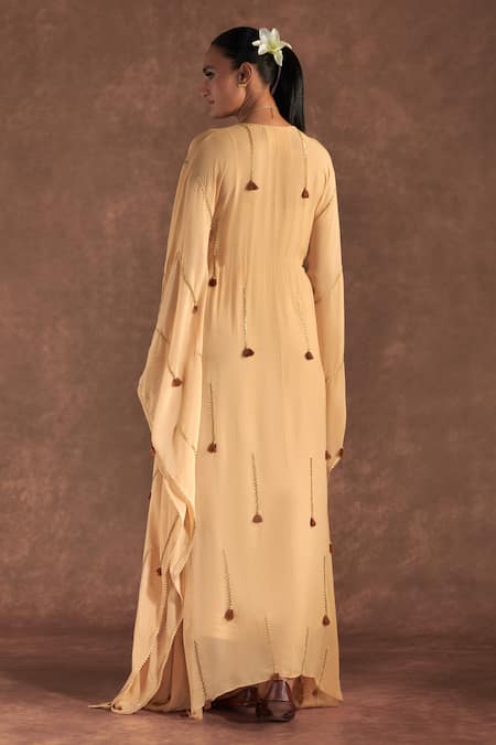 Shop_Masaba_Beige Georgette, Crepe Tassels, Embroidery V-neck Paan Patti Kaftan_at_Aza_Fashions