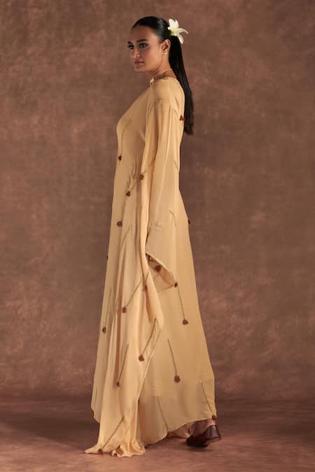 Masaba_Beige Georgette, Crepe Tassels, Embroidery V-neck Paan Patti Kaftan_Online_at_Aza_Fashions