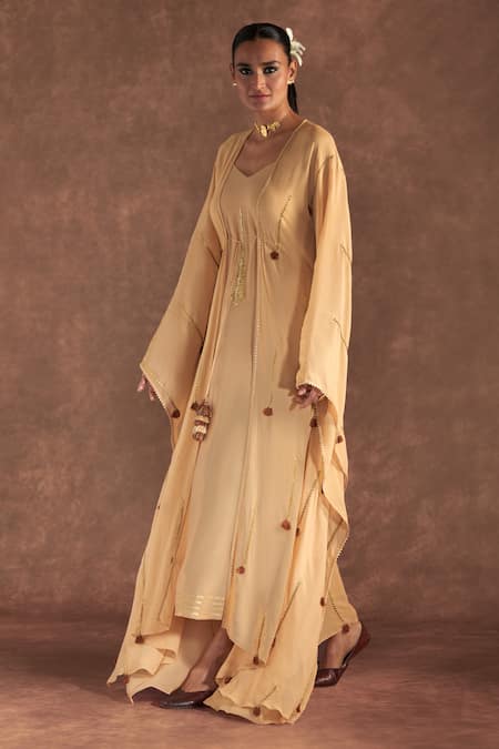 Buy_Masaba_Beige Georgette, Crepe Tassels, Embroidery V-neck Paan Patti Kaftan_Online_at_Aza_Fashions