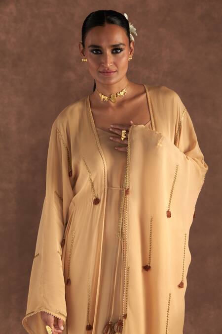 Shop_Masaba_Beige Georgette, Crepe Tassels, Embroidery V-neck Paan Patti Kaftan_Online_at_Aza_Fashions
