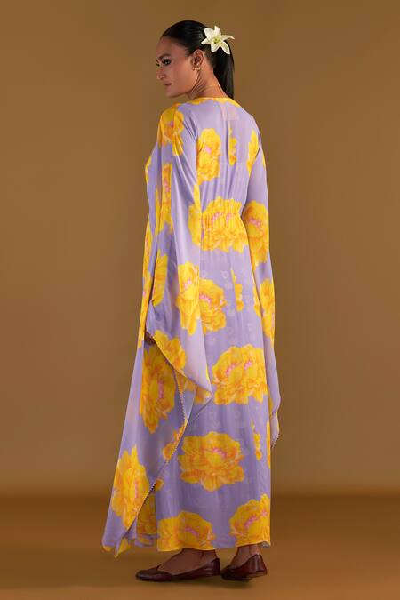 Shop Masaba Purple V-neck Sunshine Mimosa Print Cover-up Kaftan Set at Aza Fashions Shop_Masaba_Purple V-neck Sunshine Mimosa Print Cover-up Kaftan Set_at_Aza_Fashions