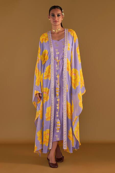 Masaba Purple V-neck Sunshine Mimosa Print Cover-up Kaftan Set Online at Aza Fashions Masaba_Purple V-neck Sunshine Mimosa Print Cover-up Kaftan Set_Online_at_Aza_Fashions