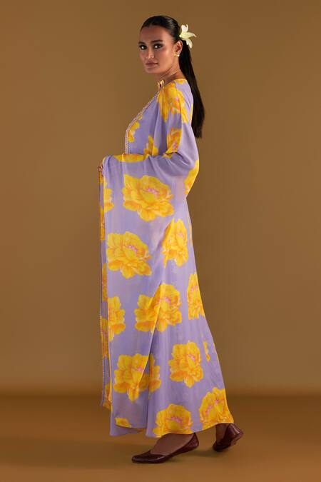 Buy Masaba Purple V-neck Sunshine Mimosa Print Cover-up Kaftan Set Online at Aza Fashions Buy_Masaba_Purple V-neck Sunshine Mimosa Print Cover-up Kaftan Set_Online_at_Aza_Fashions