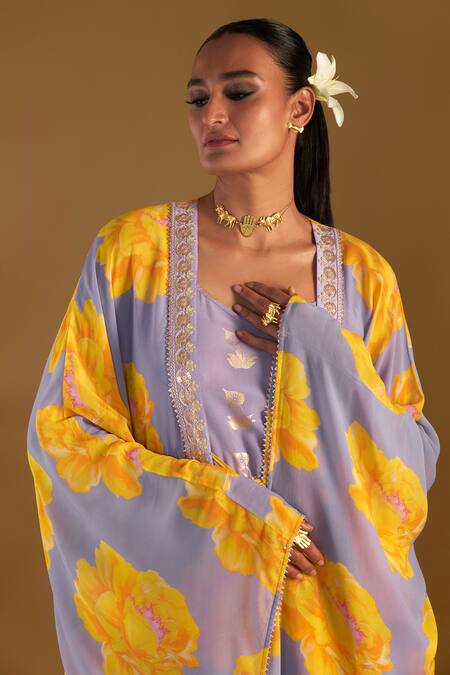 Shop Masaba Purple V-neck Sunshine Mimosa Print Cover-up Kaftan Set Online at Aza Fashions Shop_Masaba_Purple V-neck Sunshine Mimosa Print Cover-up Kaftan Set_Online_at_Aza_Fashions