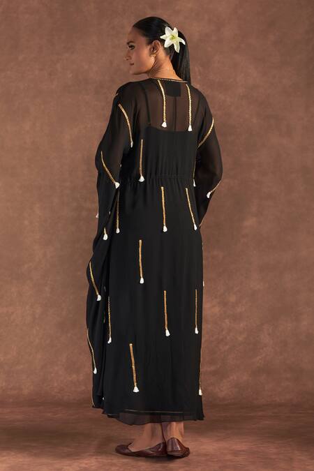 Shop_Masaba_Black V-neck Paan Patti Work Cover-up Kaftan Set_at_Aza_Fashions