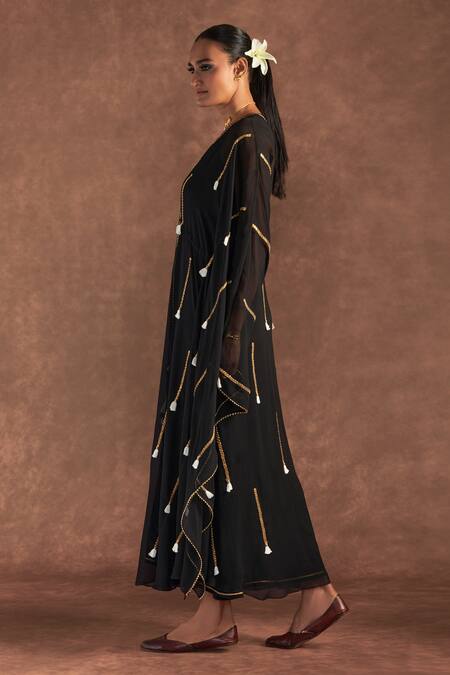 Shop_Masaba_Black V-neck Paan Patti Work Cover-up Kaftan Set_Online_at_Aza_Fashions