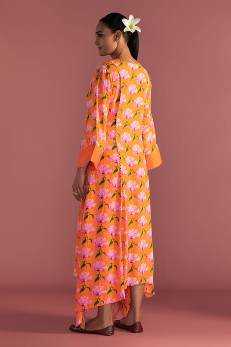 Shop_Masaba_Orange Crepe, Silk V-neck Mist Floral Print Kaftan _at_Aza_Fashions