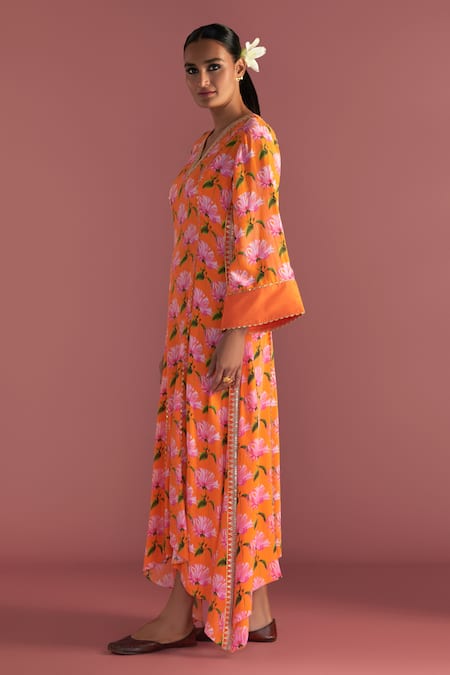 Masaba_Orange Crepe, Silk V-neck Mist Floral Print Kaftan _Online_at_Aza_Fashions