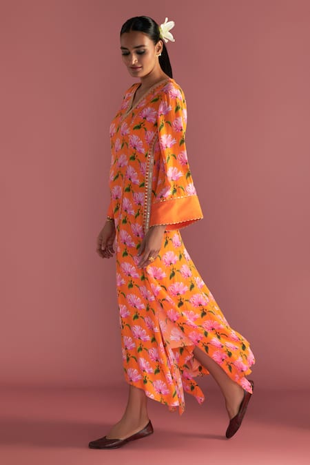Buy_Masaba_Orange Crepe, Silk V-neck Mist Floral Print Kaftan _Online_at_Aza_Fashions
