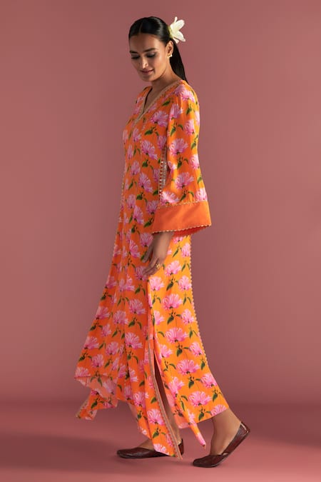 Shop_Masaba_Orange Crepe, Silk V-neck Mist Floral Print Kaftan _Online_at_Aza_Fashions