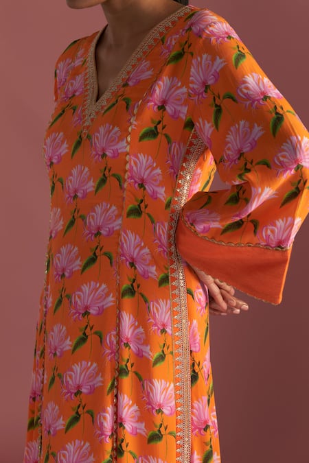 Masaba_Orange Crepe, Silk V-neck Mist Floral Print Kaftan _at_Aza_Fashions