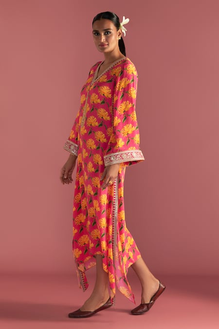 Masaba Pink Crepe, Silk Embroidery V-neck Mist Print And Kaftan Online at Aza Fashions Masaba_Pink Crepe, Silk Embroidery V-neck Mist Print And Kaftan_Online_at_Aza_Fashions