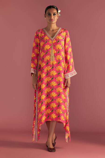 Shop Masaba Pink Crepe, Silk Embroidery V-neck Mist Print And Kaftan Online at Aza Fashions Shop_Masaba_Pink Crepe, Silk Embroidery V-neck Mist Print And Kaftan_Online_at_Aza_Fashions