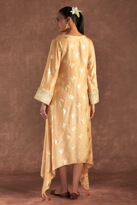 Shop_Masaba_Beige Silk Tassels V-neck Irisbud Floral Print Kaftan _at_Aza_Fashions