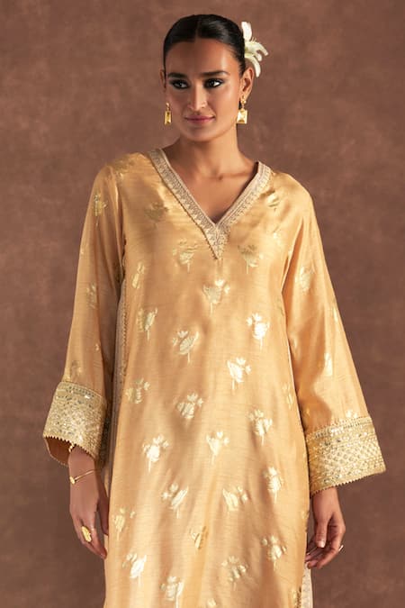 Masaba_Beige Silk Tassels V-neck Irisbud Floral Print Kaftan _Online_at_Aza_Fashions