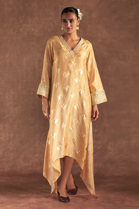 Buy_Masaba_Beige Silk Tassels V-neck Irisbud Floral Print Kaftan _Online_at_Aza_Fashions
