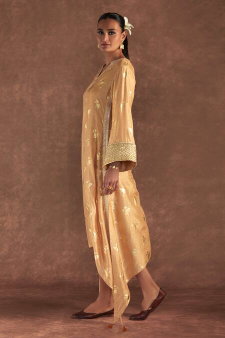 Shop_Masaba_Beige Silk Tassels V-neck Irisbud Floral Print Kaftan _Online_at_Aza_Fashions