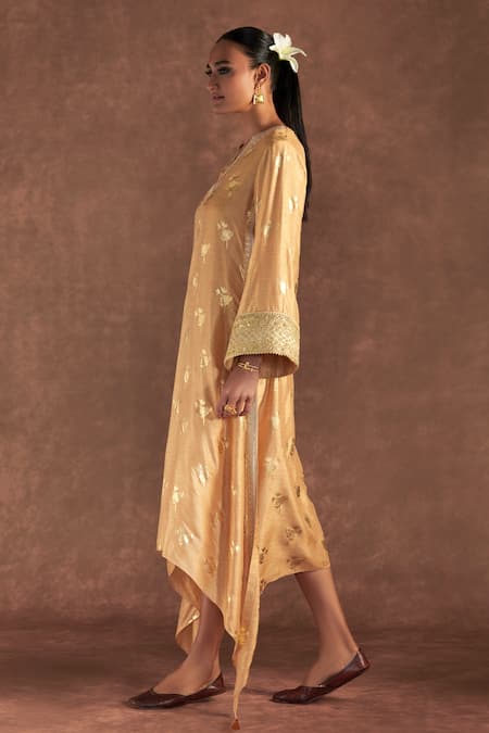 Masaba_Beige Silk Tassels V-neck Irisbud Floral Print Kaftan _at_Aza_Fashions